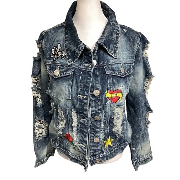 DAZI Grunge Girl Gang Jean Jacket 2X - Ripped, Patches, Distressed, 80s Vintage - Picture 1 of 7